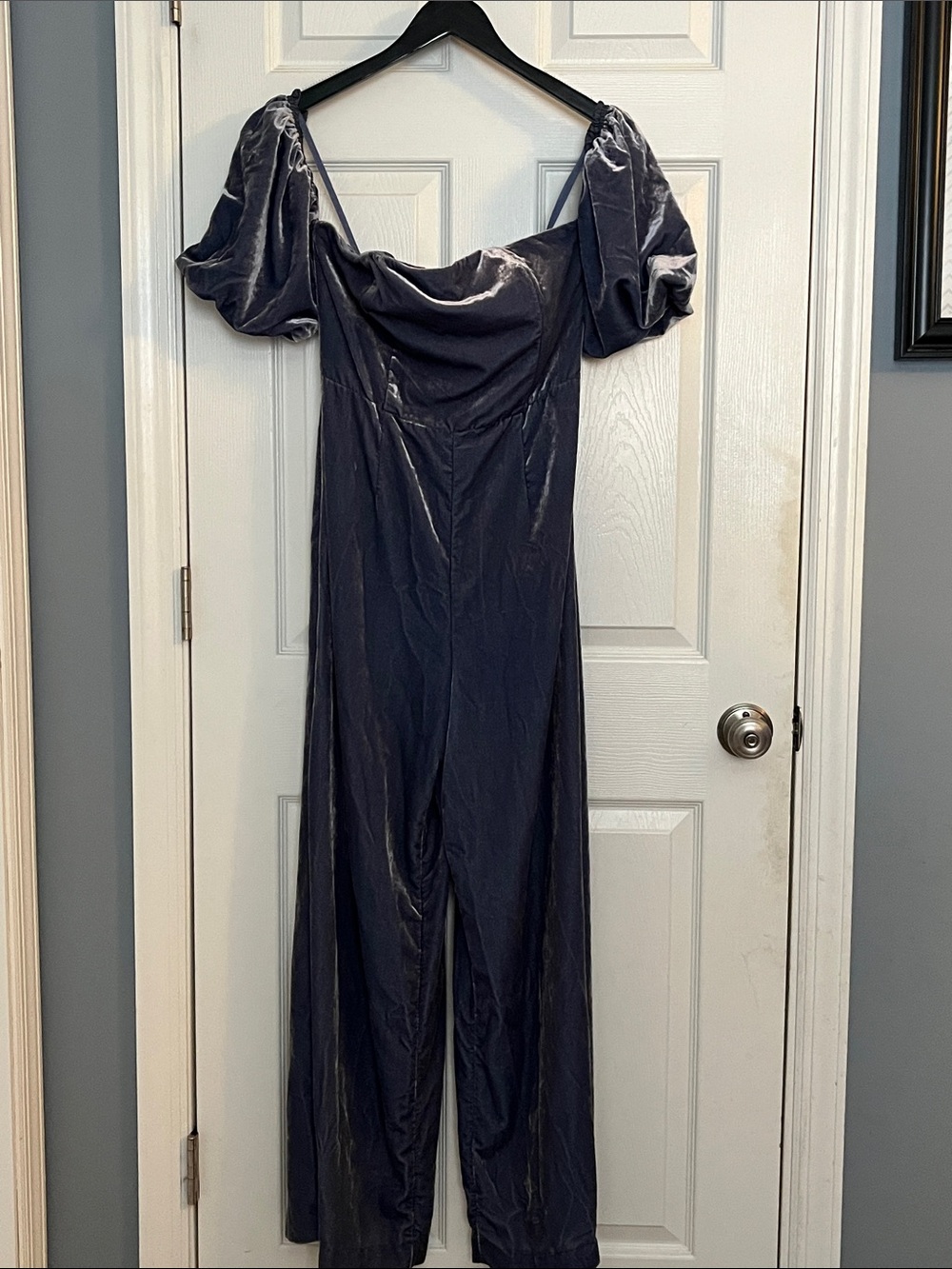 Anthropologie Velvet Puff-Sleeve Jumpsuit in Charcoal Gray